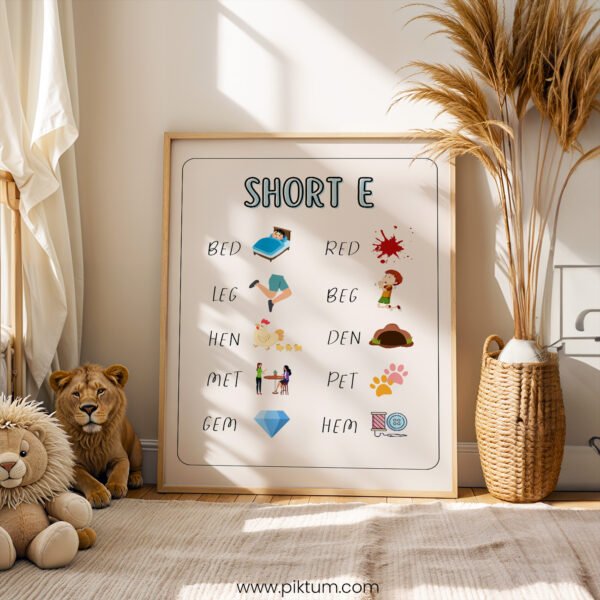 Short E Vowel Poster | Phonics Chart | CVC Words Short E | Preschool Reading Wall Art