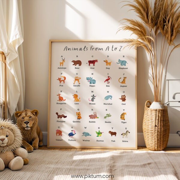 Animals from A to Z Poster | Alphabet Animals Chart | Educational Wall Art for Kids