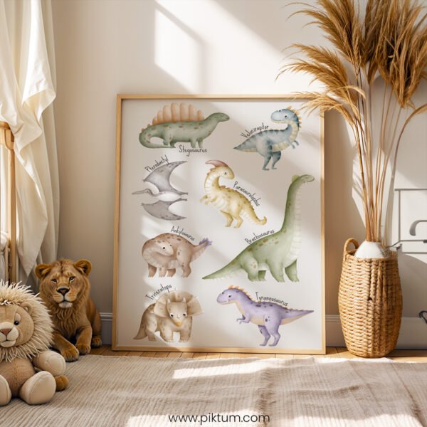 Cute Dinosaur Wall Art for Kids | Watercolor Dinosaur Poster | Educational Nursery & Playroom Decor