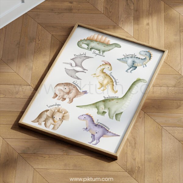 Cute Dinosaur Wall Art for Kids | Watercolor Dinosaur Poster | Educational Nursery & Playroom Decor