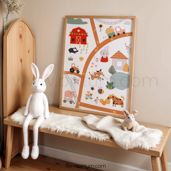 Cute Farm Animals Map Poster for Kids | Cozy Farm Illustration Nursery Wall Art | Playroom & Classroom Decor