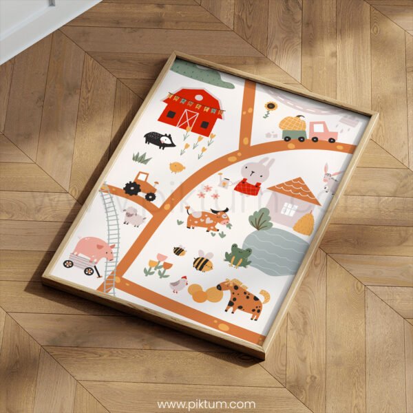 Cute Farm Animals Map Poster for Kids | Cozy Farm Illustration Nursery Wall Art | Playroom & Classroom Decor