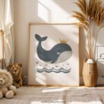 Whale Nursery Wall Art | Cute Crown Whale Baby Poster | Ocean Nursery Decor for Baby Room