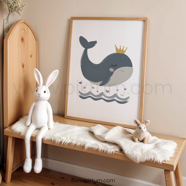 Whale Nursery Wall Art | Cute Crown Whale Baby Poster | Ocean Nursery Decor for Baby Room