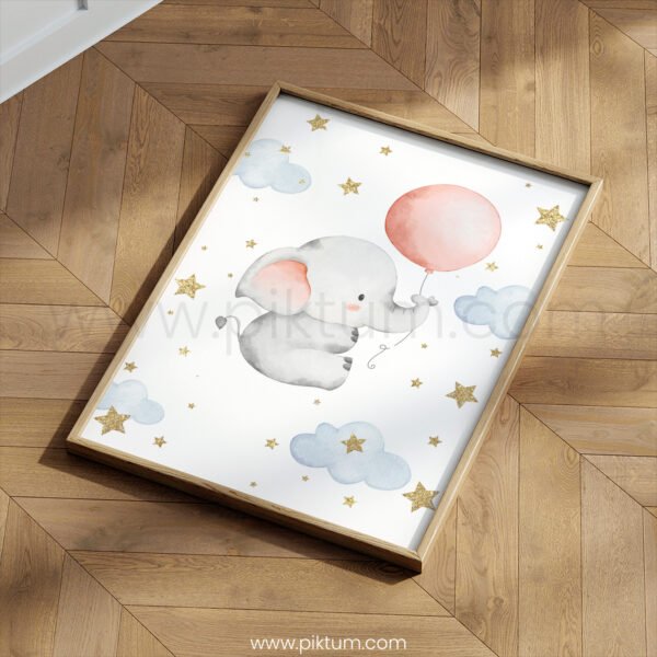 Elephant Balloon Nursery Wall Art | Cute Baby Animal Illustration | Soft Pastel Nursery & Kids Room Decor