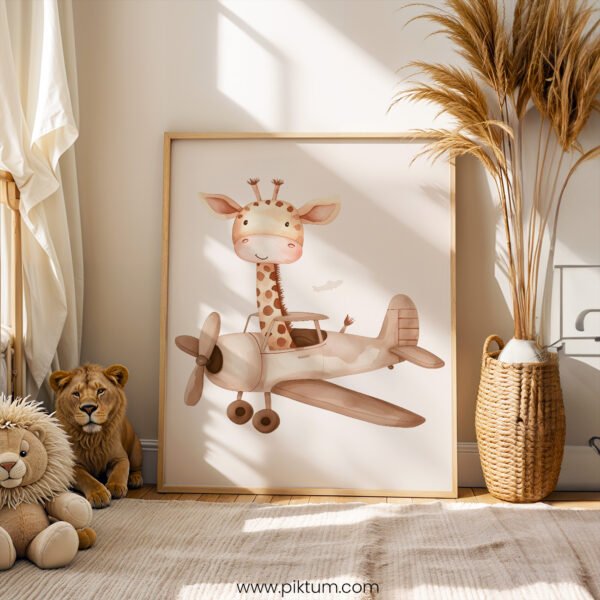Giraffe Airplane Nursery Wall Art | Cute Adventure Animal Illustration | Whimsical Kids Room & Baby Nursery Decor