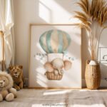 Elephant Hot Air Balloon Nursery Wall Art | Cute Safari Animal Illustration | Baby Nursery & Kids Room Decor