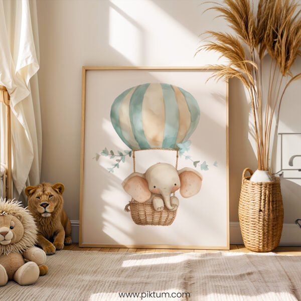 Elephant Hot Air Balloon Nursery Wall Art | Cute Safari Animal Illustration | Baby Nursery & Kids Room Decor