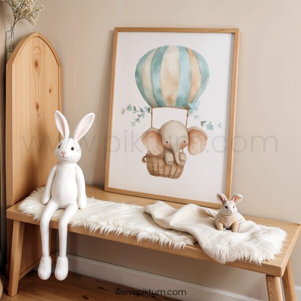 Elephant Hot Air Balloon Nursery Wall Art | Cute Safari Animal Illustration | Baby Nursery & Kids Room Decor