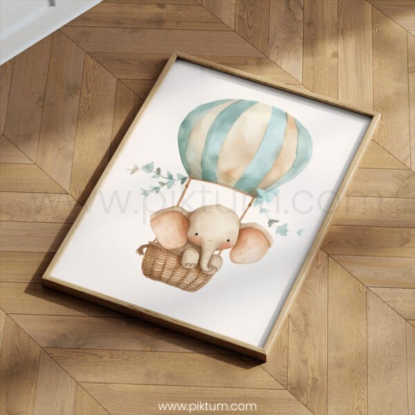 Elephant Hot Air Balloon Nursery Wall Art | Cute Safari Animal Illustration | Baby Nursery & Kids Room Decor