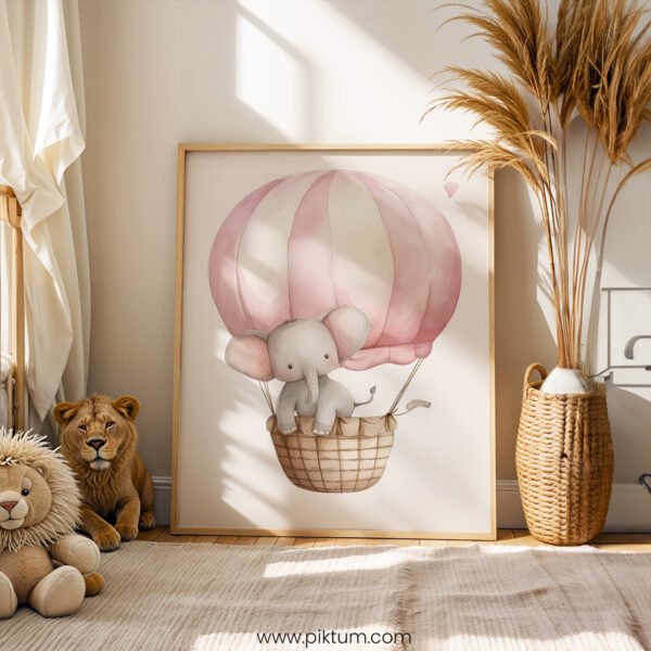 Pink Elephant Hot Air Balloon Nursery Wall Art | Sweet Safari Animal Illustration | Baby Girl Nursery Decor