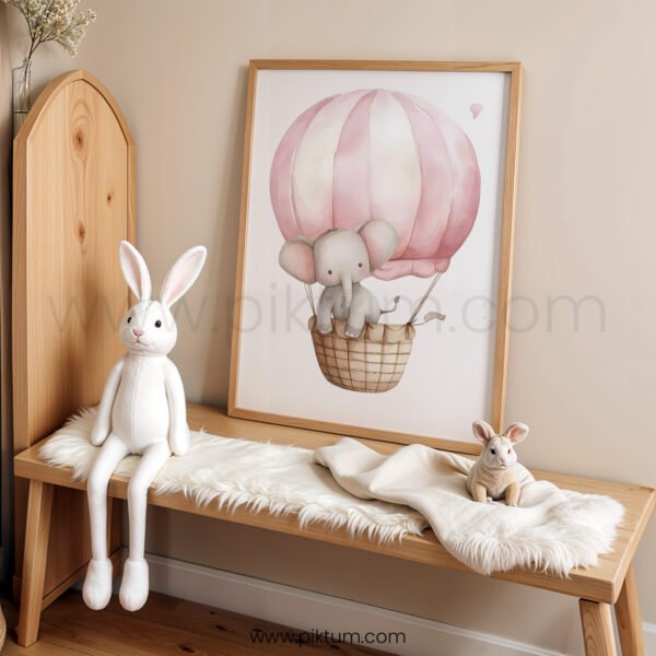 Pink Elephant Hot Air Balloon Nursery Wall Art | Sweet Safari Animal Illustration | Baby Girl Nursery Decor