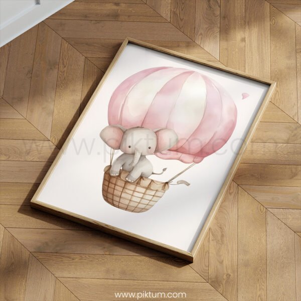Pink Elephant Hot Air Balloon Nursery Wall Art | Sweet Safari Animal Illustration | Baby Girl Nursery Decor