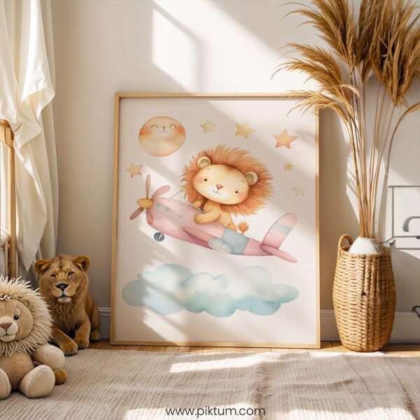 Lion Airplane Nursery Wall Art | Cute Animal Pilot Illustration | Whimsical Kids Room Decor