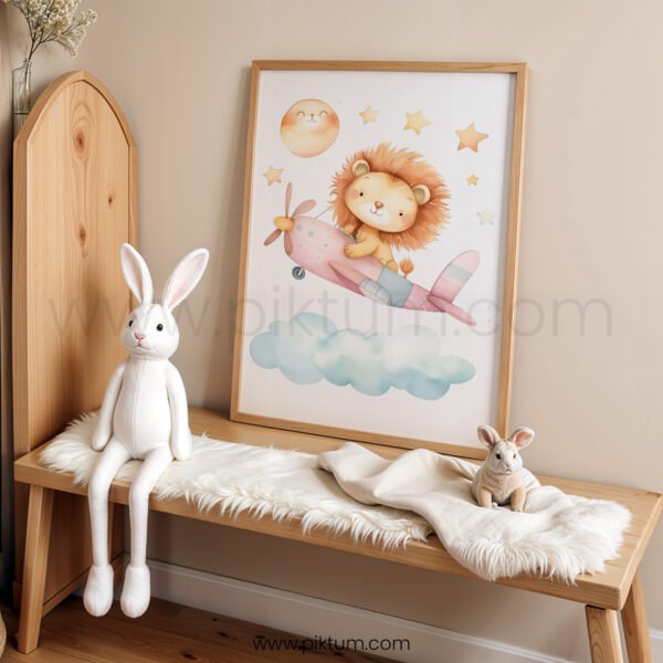 Lion Airplane Nursery Wall Art | Cute Animal Pilot Illustration | Whimsical Kids Room Decor