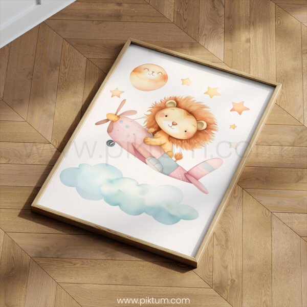 Lion Airplane Nursery Wall Art | Cute Animal Pilot Illustration | Whimsical Kids Room Decor