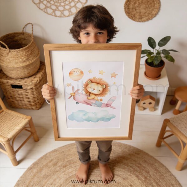 Lion Airplane Nursery Wall Art | Cute Animal Pilot Illustration | Whimsical Kids Room Decor