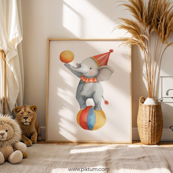 Circus Elephant Wall Art | Cute Baby Elephant Nursery Print | Whimsical Animal Kids Room Decor