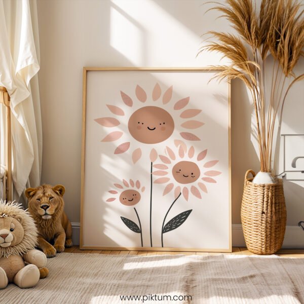 Smiling Sunflower Nursery Wall Art | Boho Floral Kids Room Print | Cute Neutral Flower Decor