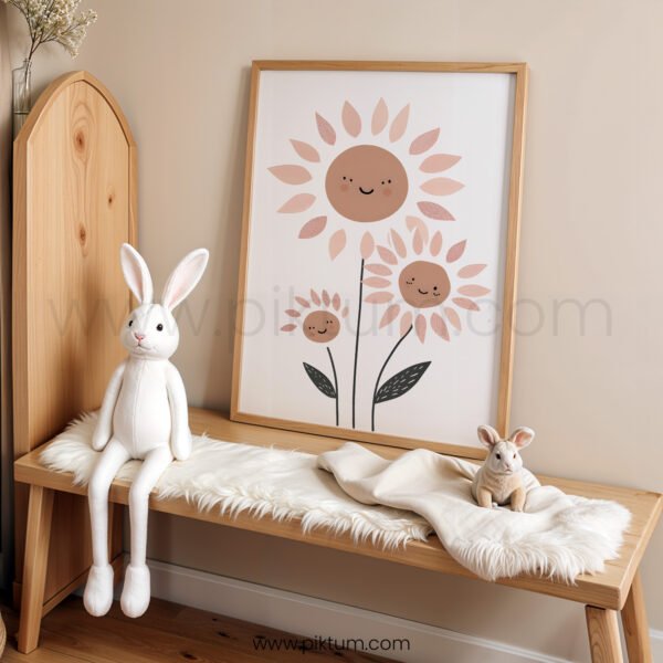 Smiling Sunflower Nursery Wall Art | Boho Floral Kids Room Print | Cute Neutral Flower Decor