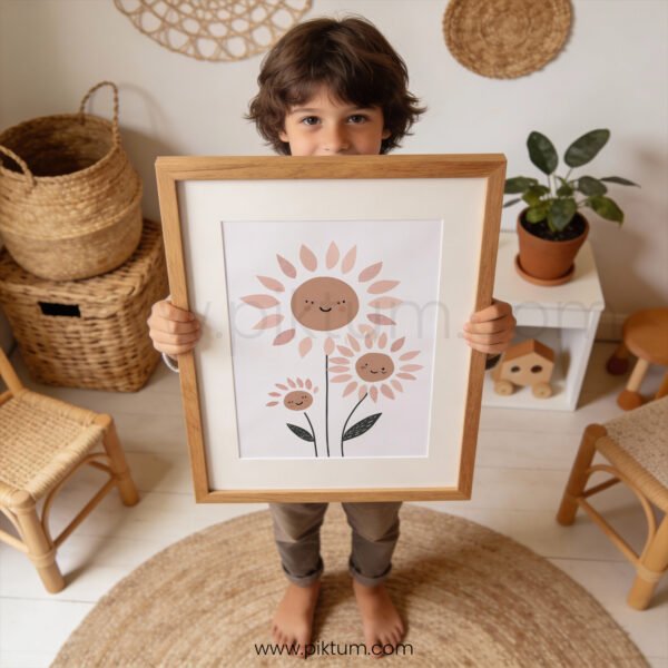 Smiling Sunflower Nursery Wall Art | Boho Floral Kids Room Print | Cute Neutral Flower Decor