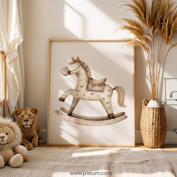 Rocking Horse Nursery Wall Art | Vintage Wooden Toy Print | Neutral Baby Room Decor