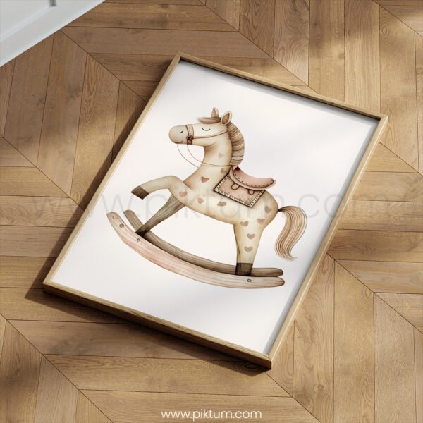 Rocking Horse Nursery Wall Art | Vintage Wooden Toy Print | Neutral Baby Room Decor