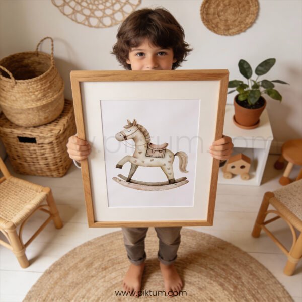 Rocking Horse Nursery Wall Art | Vintage Wooden Toy Print | Neutral Baby Room Decor