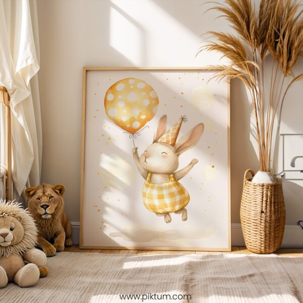 Birthday Bunny Wall Art | Cute Rabbit with Balloon Print | Whimsical Nursery Party Decor