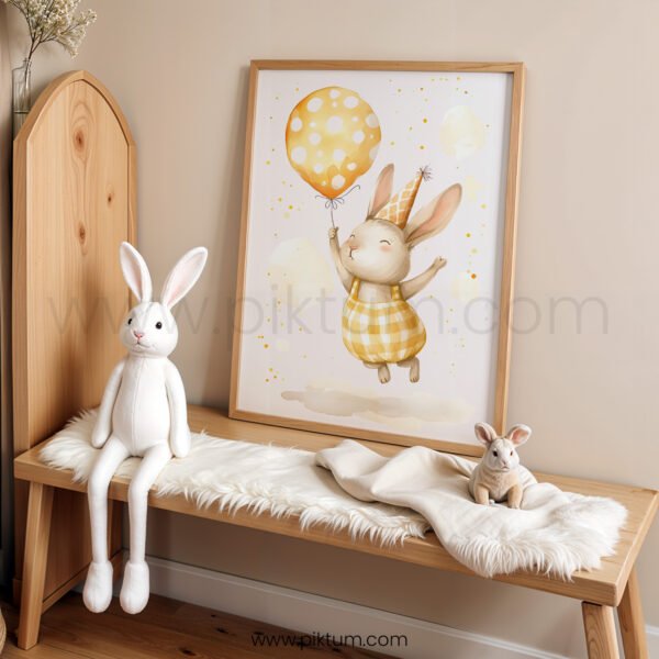 Birthday Bunny Wall Art | Cute Rabbit with Balloon Print | Whimsical Nursery Party Decor