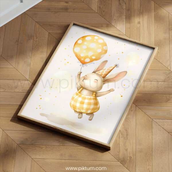 Birthday Bunny Wall Art | Cute Rabbit with Balloon Print | Whimsical Nursery Party Decor