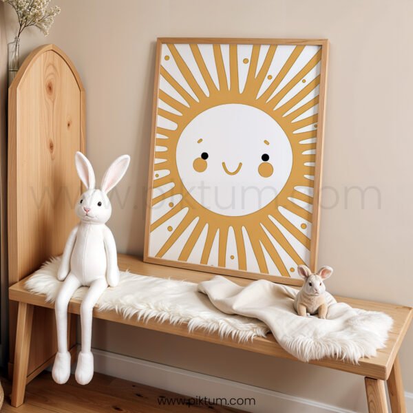 Happy Sun Wall Art Print | Boho Sunshine Nursery Decor | Smiling Sun Kids Room Poster