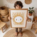 Happy Sun Wall Art Print | Boho Sunshine Nursery Decor | Smiling Sun Kids Room Poster