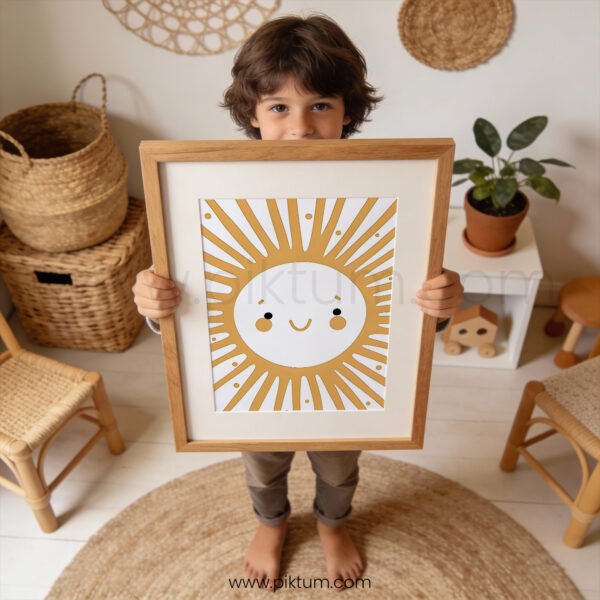 Happy Sun Wall Art Print | Boho Sunshine Nursery Decor | Smiling Sun Kids Room Poster