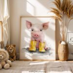 Cute Pig in Yellow Boots Wall Art | Farm Animal Nursery Print | Watercolor Baby Room Decor