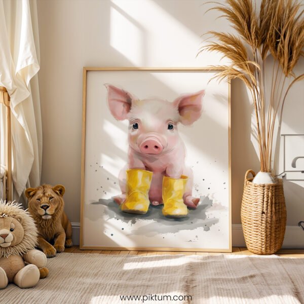 Cute Pig in Yellow Boots Wall Art | Farm Animal Nursery Print | Watercolor Baby Room Decor