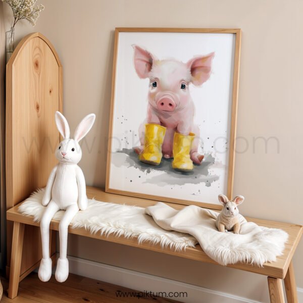 Cute Pig in Yellow Boots Wall Art | Farm Animal Nursery Print | Watercolor Baby Room Decor
