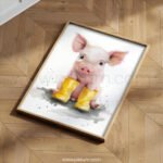 Cute Pig in Yellow Boots Wall Art | Farm Animal Nursery Print | Watercolor Baby Room Decor