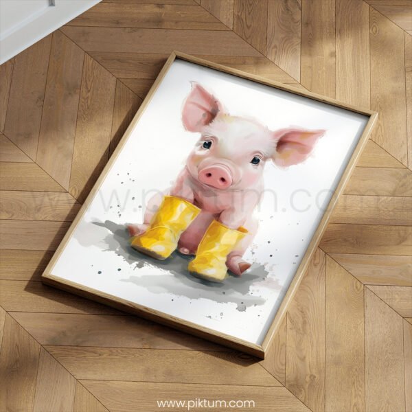 Cute Pig in Yellow Boots Wall Art | Farm Animal Nursery Print | Watercolor Baby Room Decor