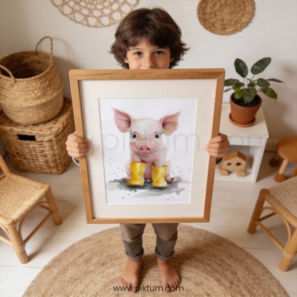 Cute Pig in Yellow Boots Wall Art | Farm Animal Nursery Print | Watercolor Baby Room Decor