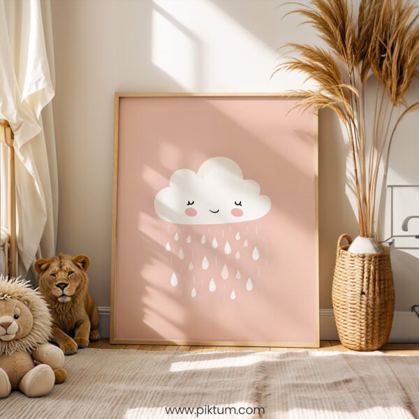 Smiling Rain Cloud Nursery Wall Art | Cute Blush Pink Baby Room Print | Minimalist Kids Decor