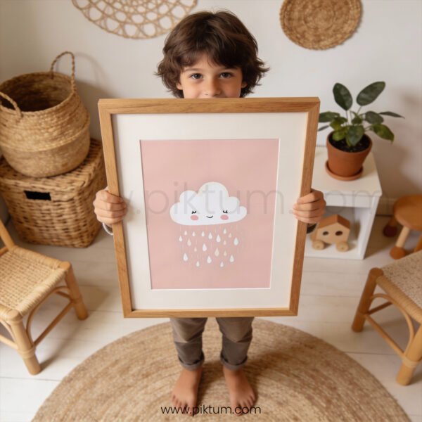Smiling Rain Cloud Nursery Wall Art | Cute Blush Pink Baby Room Print | Minimalist Kids Decor
