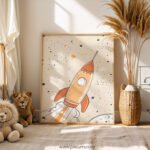 Vintage Rocket Nursery Wall Art | Space Themed Kids Room Decor | Retro Galaxy Print