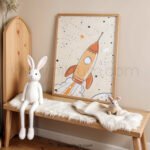 Vintage Rocket Nursery Wall Art | Space Themed Kids Room Decor | Retro Galaxy Print