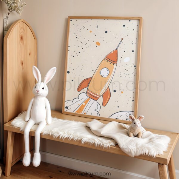 Vintage Rocket Nursery Wall Art | Space Themed Kids Room Decor | Retro Galaxy Print