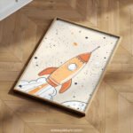 Vintage Rocket Nursery Wall Art | Space Themed Kids Room Decor | Retro Galaxy Print