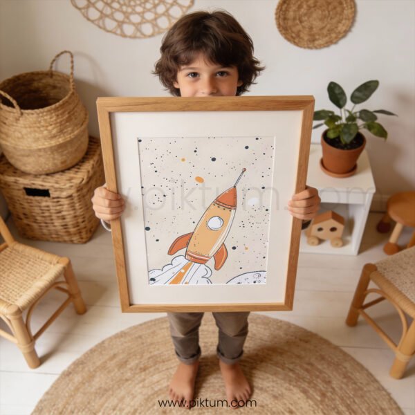 Vintage Rocket Nursery Wall Art | Space Themed Kids Room Decor | Retro Galaxy Print