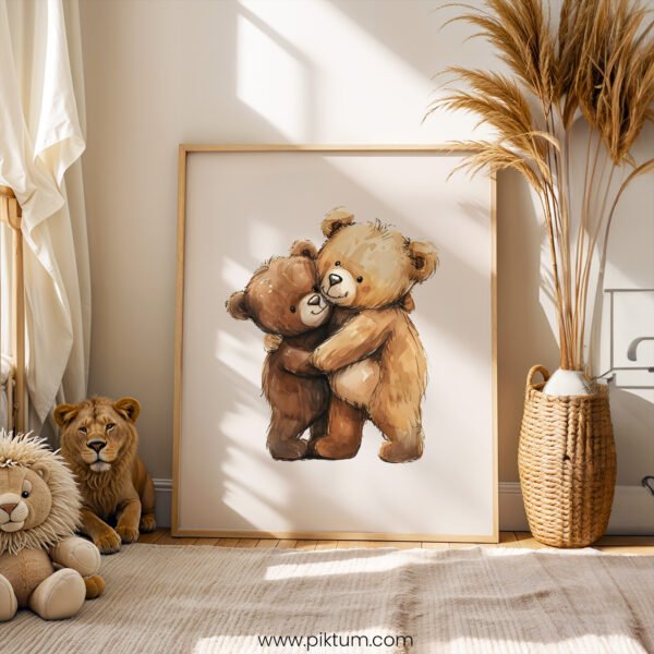 Teddy Bear Hug Wall Art | Cute Bear Nursery Print | Woodland Baby Room Decor