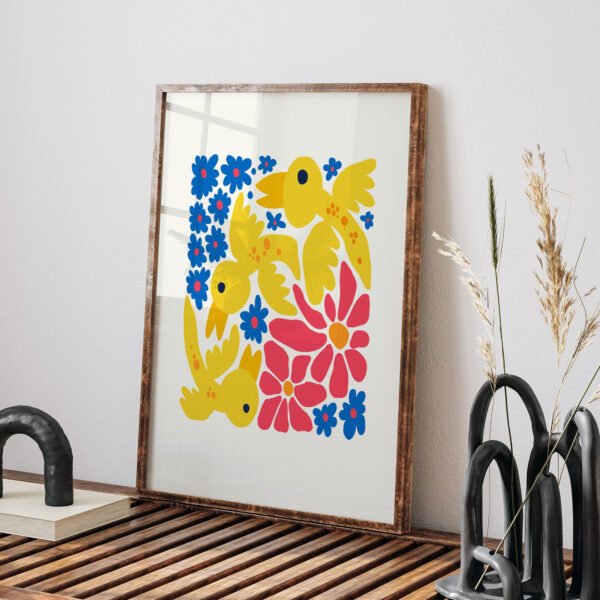 Vibrant Folk Art Printable Wall Art - Colorful Birds & Flowers