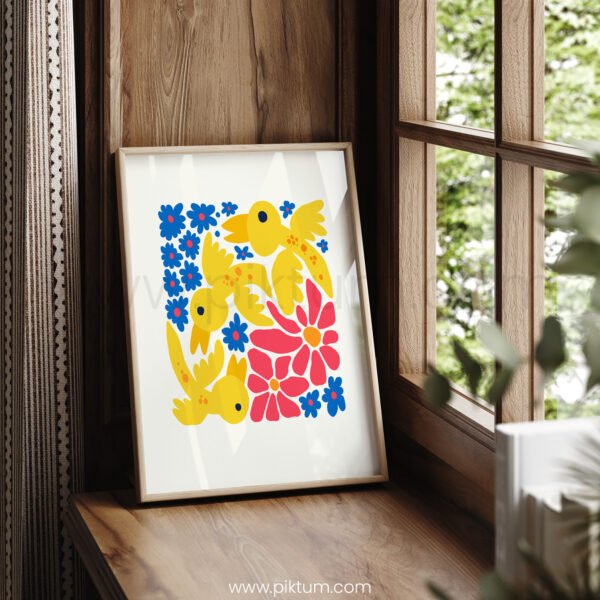 Vibrant Folk Art Printable Wall Art - Colorful Birds & Flowers